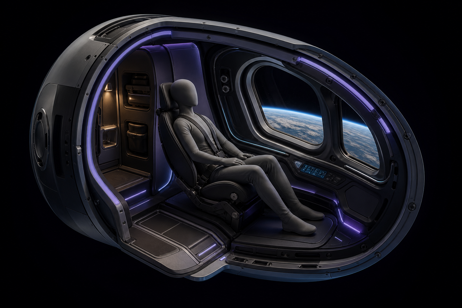 AI-assisted concept cutaway of a compact human-centered personal spacecraft cabin with a seated scale mannequin and Earth visible through the observation window
